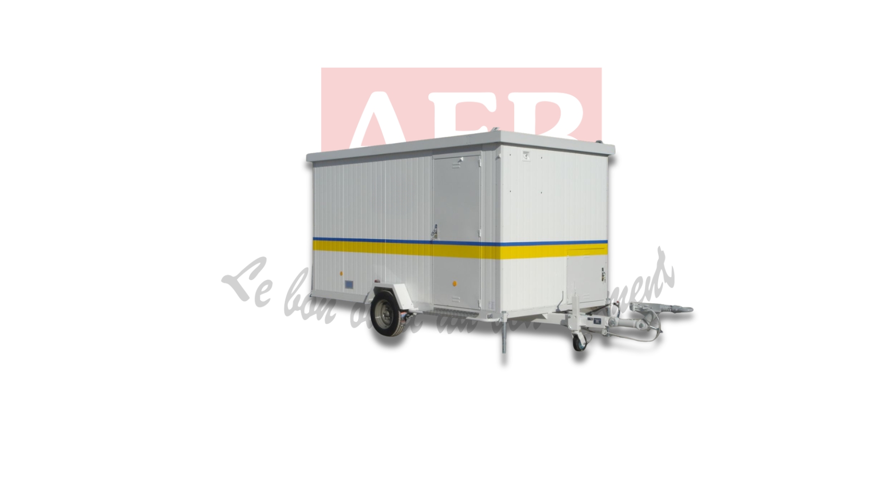 Abri sur roues 3,70 x 2,20 m avec réfectoire, sanitaire, vestiaire, 2 lanternaux, 1 wc autonome*, 1 réchaud gaz, 1 table, 2 bancs 4 personnes – avec timon